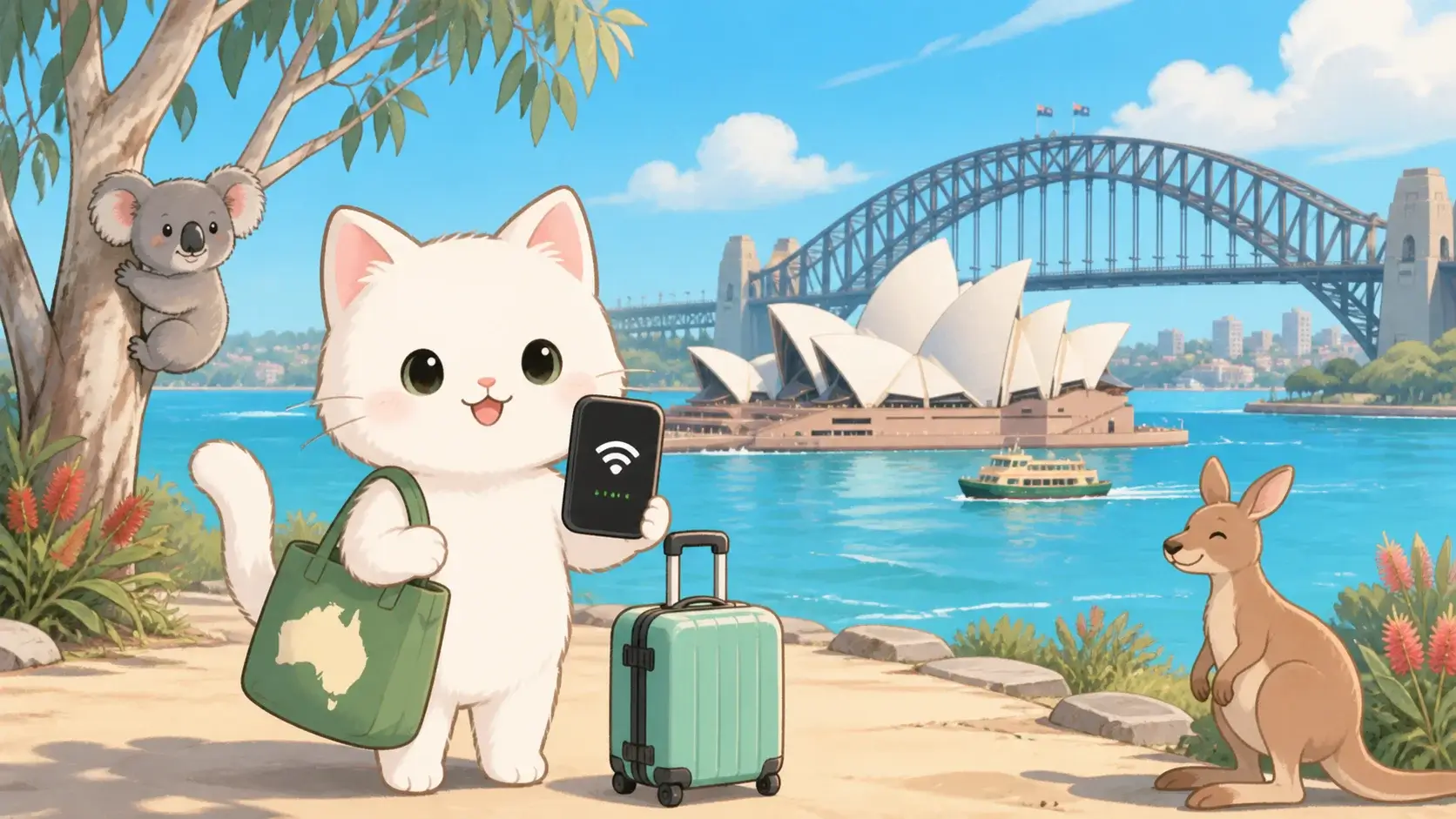 オーストラリア旅行のWiFiレンタルを比較する白い猫のイラスト