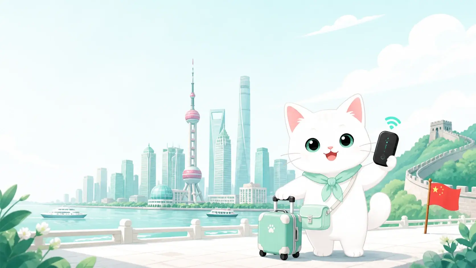 中国旅行でWi-Fiルーターを持つ白い猫のイラスト