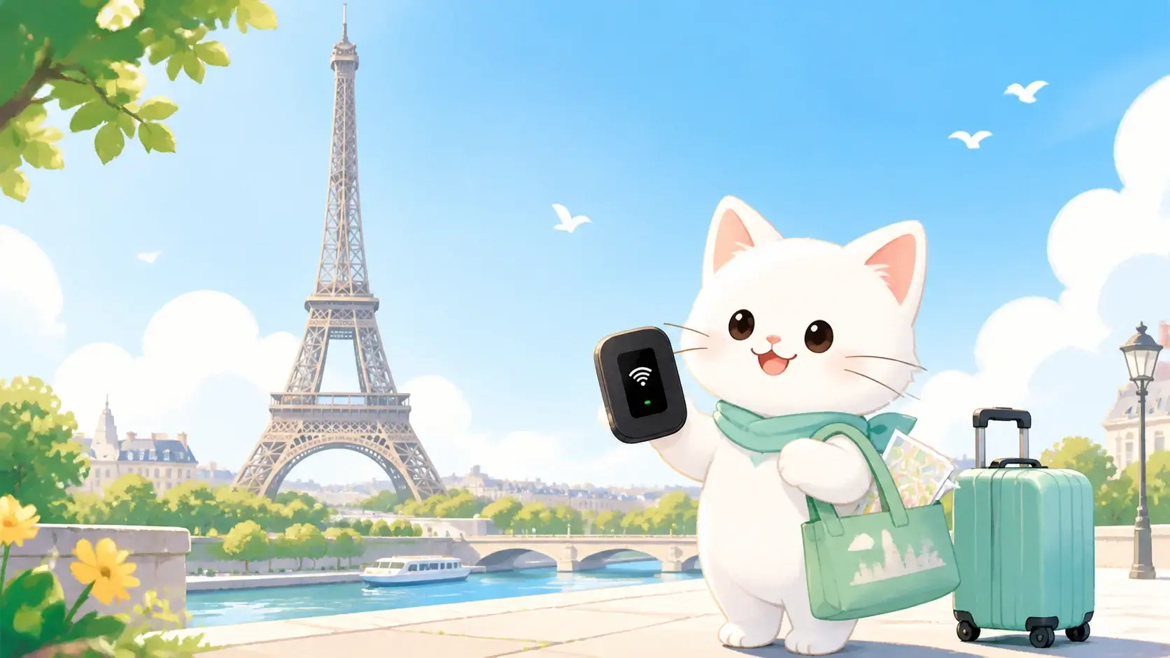 フランス旅行のWiFiレンタルを比較する白い猫のイラスト