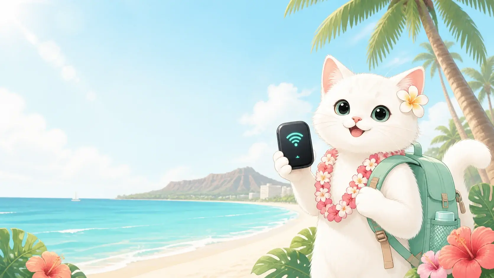 ハワイ旅行でWi-Fiルーターを持つ白い猫のイラスト