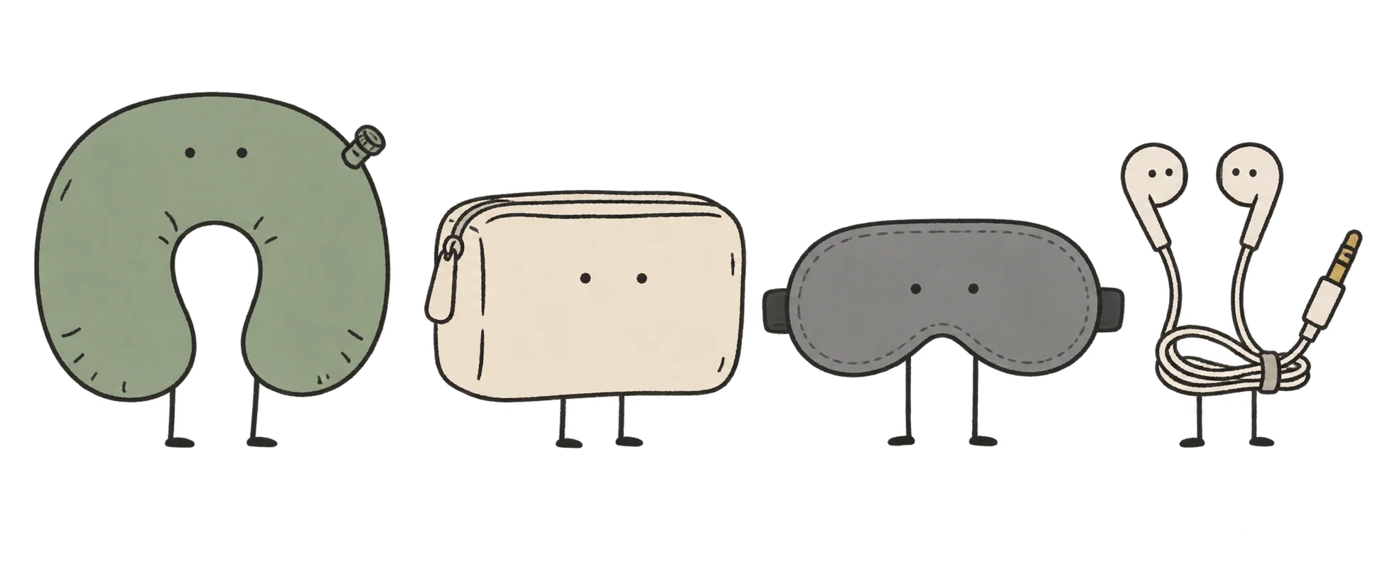 ネックピロー、ポーチ、アイマスク、イヤホンが歩いているイラスト