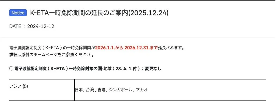 駐日本国大韓民国大使館のK-ETA免除延長案内。日本は2026年12月31日まで対象。