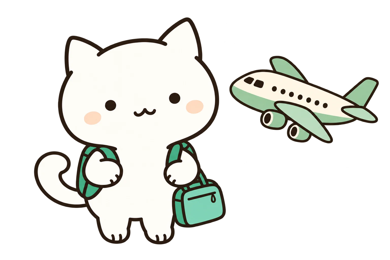 緑の旅かばんを持つ丸い猫と、その横を離れて飛ぶ小さな飛行機のイラスト