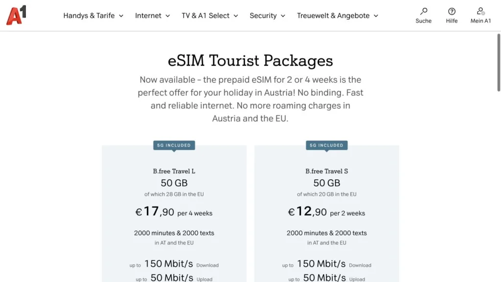 A1公式のTravel eSIM Austriaの画面