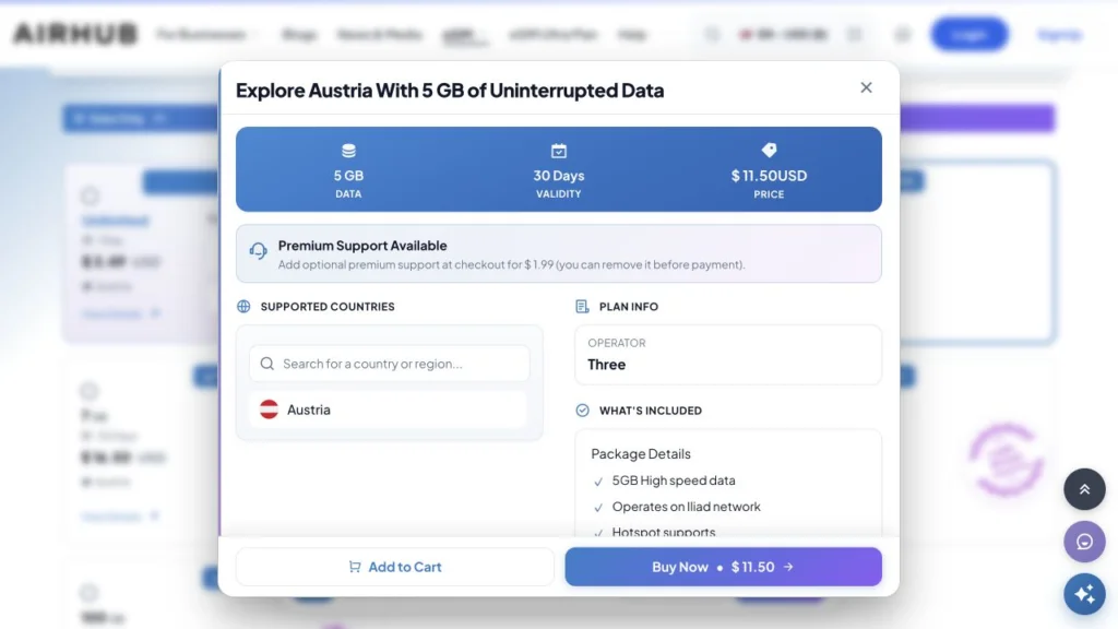 Airhub公式のAustria eSIM Plans・5GB商品詳細の画面