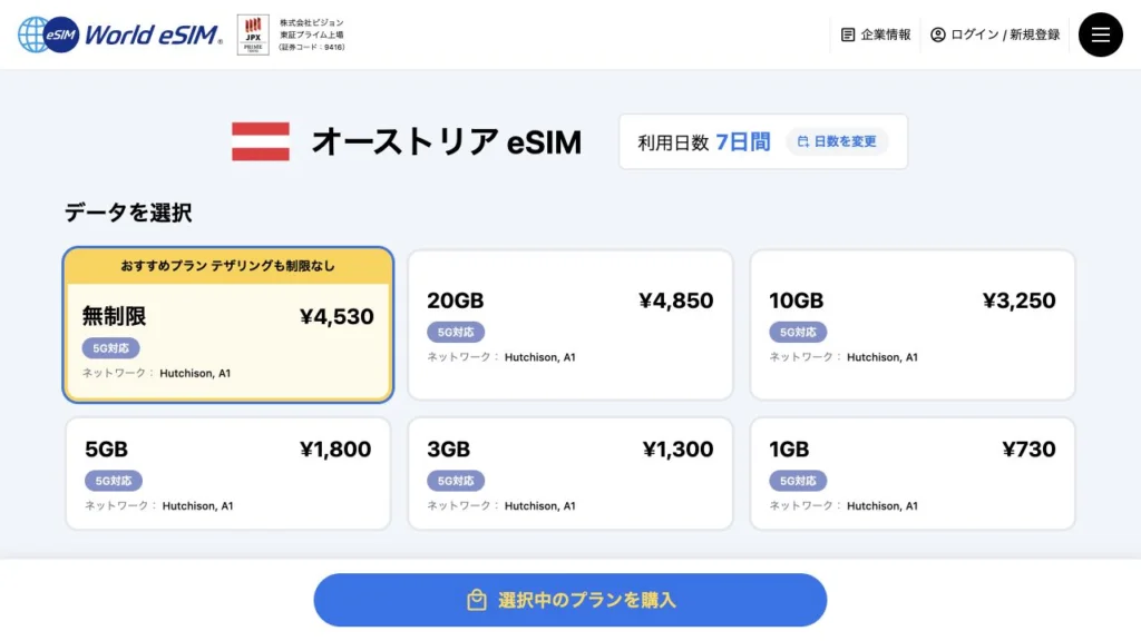 World eSIM公式のオーストリア eSIMの画面