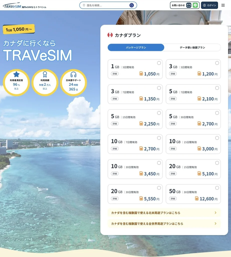 TRAVeSIM公式サイトのカナダのeSIMプランの画面