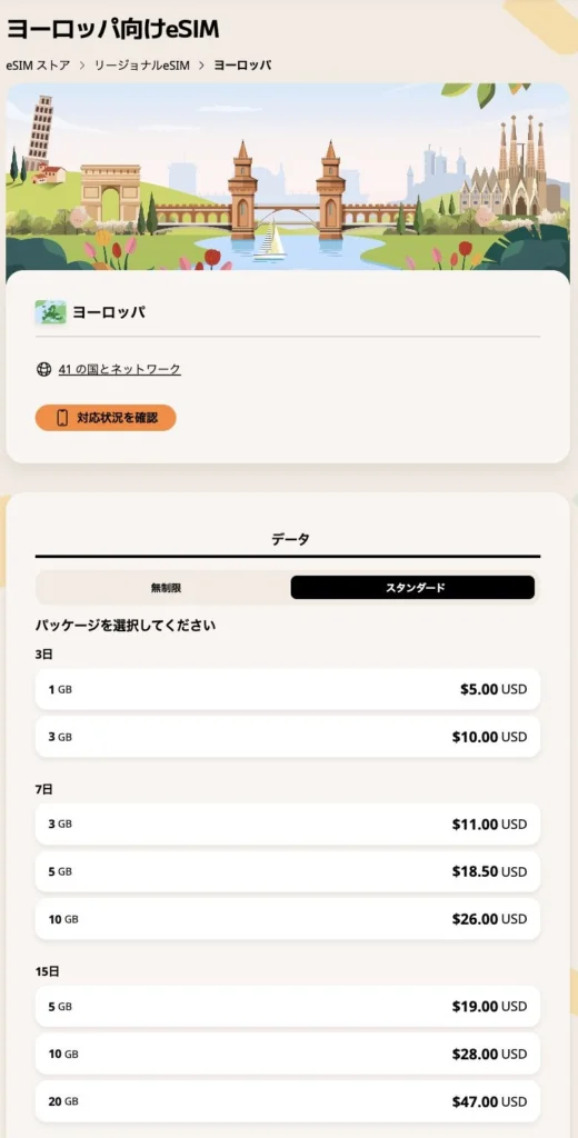 Airalo公式サイトのヨーロッパ41カ国のプランの画面