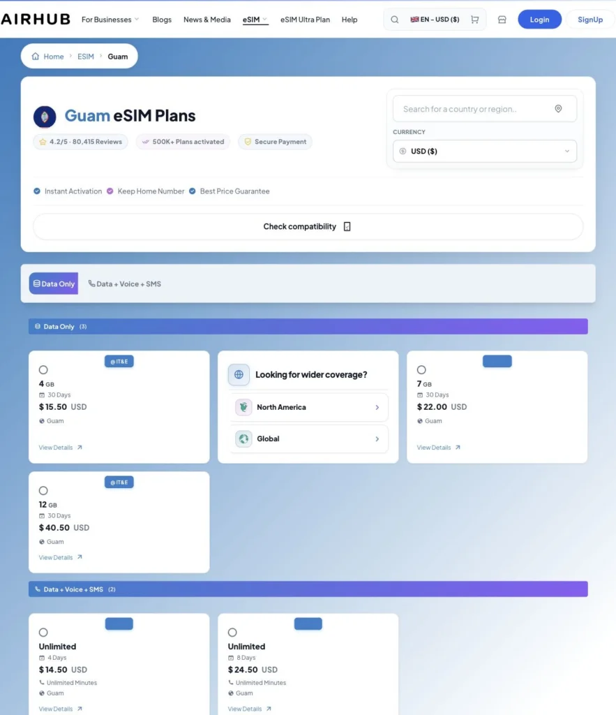 Airhub公式サイトのGuam eSIM Plansの画面