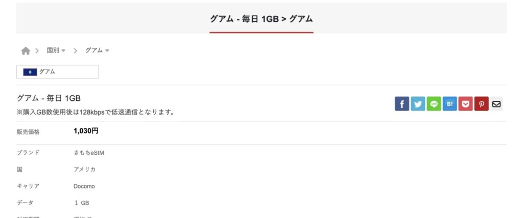 きもちeSIM公式サイトのグアム・毎日1GBの商品案内（基本料金は1日）の画面