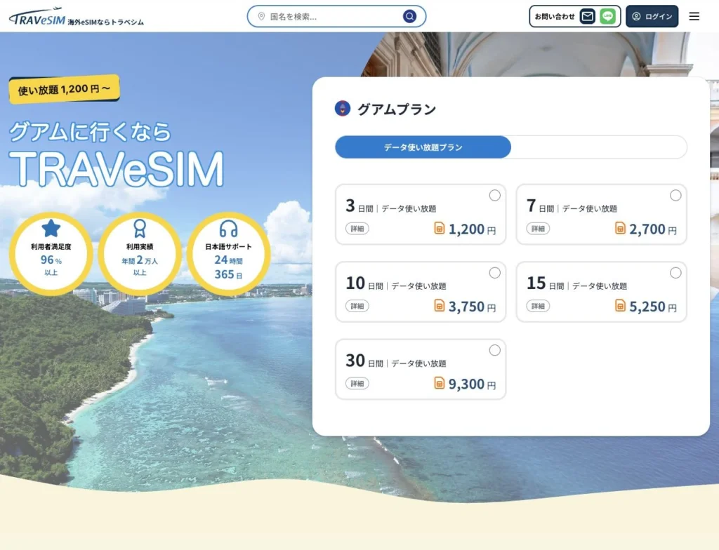 TRAVeSIM公式サイトのグアムのプラン・料金の画面