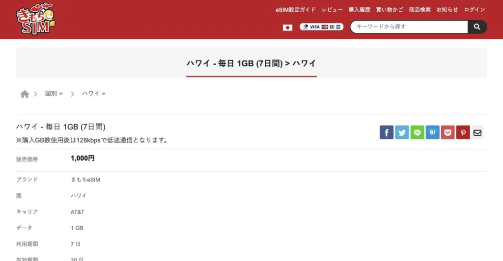 きもちeSIM公式サイトのハワイ・毎日1GB(7日間)の画面