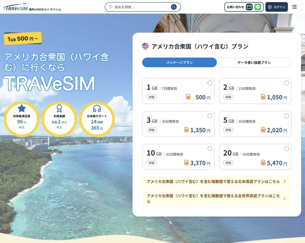 TRAVeSIM公式サイトのアメリカ合衆国(ハワイ含む)プランの画面