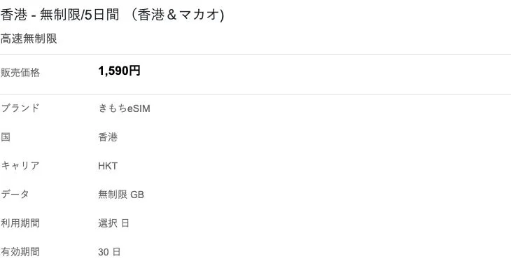 きもちeSIM公式サイトの香港・マカオ 無制限5日間の画面