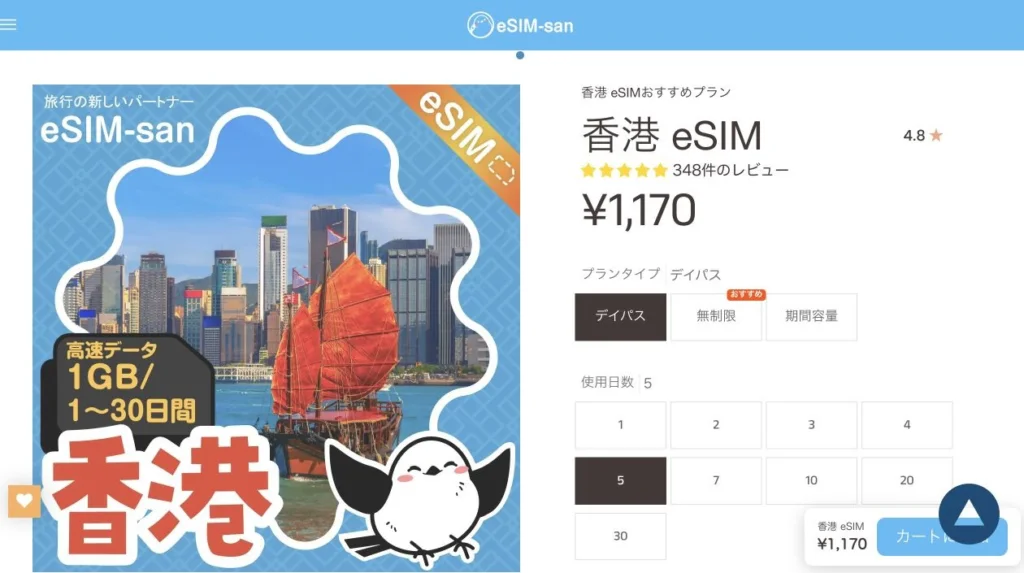 eSIM-san公式サイトの香港 毎日1GB・5日間の画面
