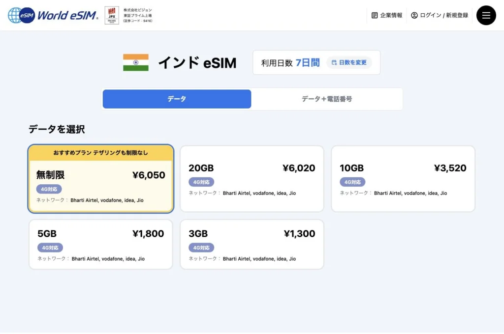 World eSIM公式サイトのインド eSIMのプラン一覧の画面