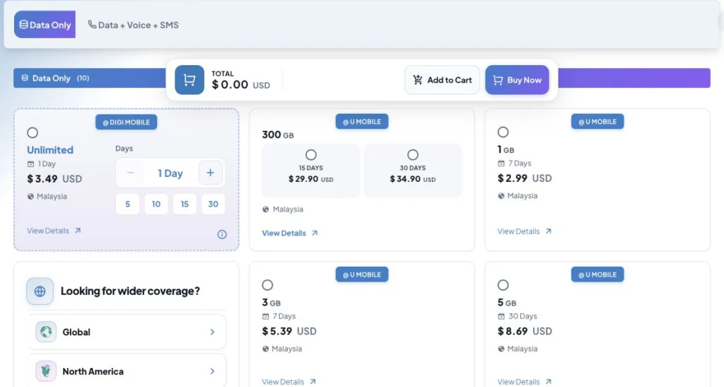 Airhub公式サイトのMalaysia eSIM Plansの画面