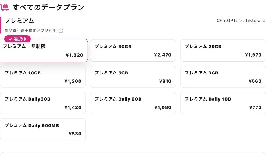 JAPAN &GLOBAL eSIM公式サイトのマレーシアeSIM・5日間のプラン一覧の画面
