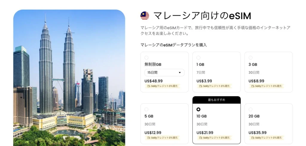 Saily公式サイトのマレーシア用eSIMの画面