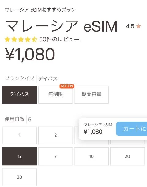 eSIM-san公式サイトのマレーシアeSIM・1GB/日・5日間の画面