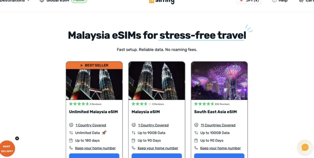 Simify公式サイトのMalaysia eSIMsの画面