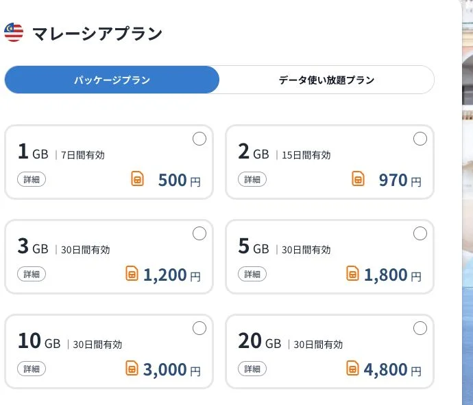 TRAVeSIM公式サイトのマレーシアプランの画面