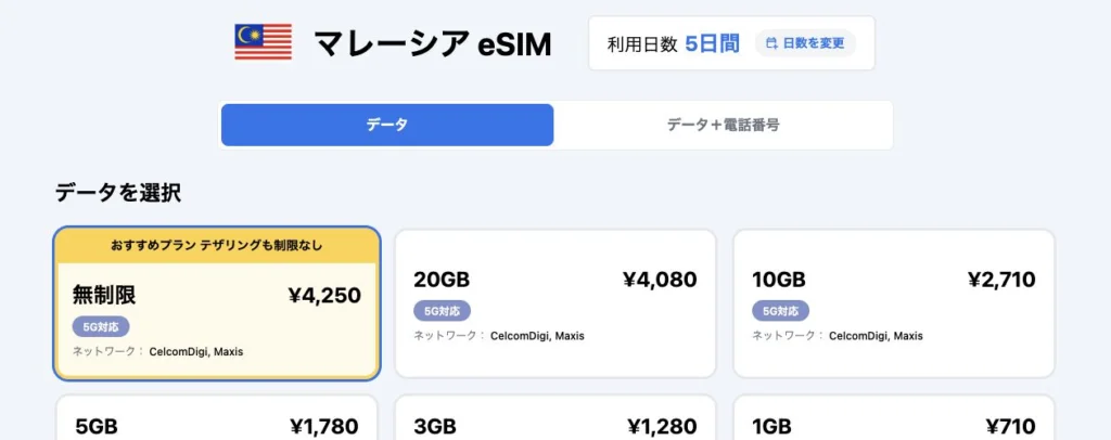 World eSIM公式サイトのマレーシアeSIM・5日間のプラン一覧の画面