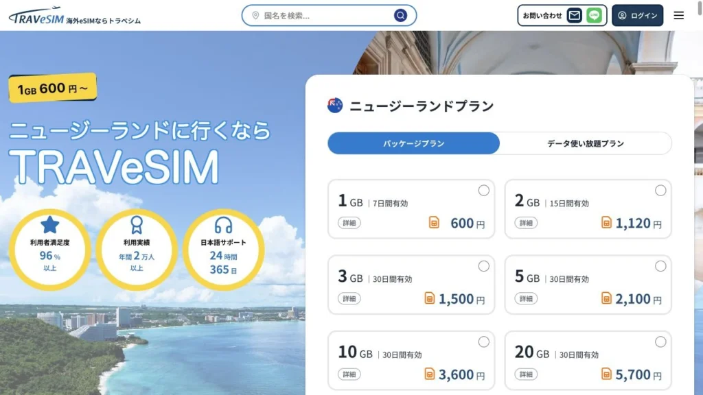 TRAVeSIM公式サイトのニュージーランドのeSIMプランの画面