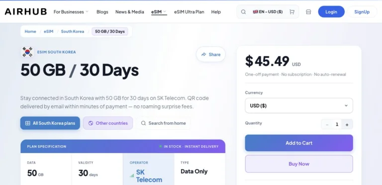Airhub公式サイトのSouth Korea eSIM 50GB / 30 Daysの画面