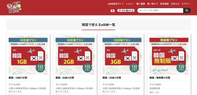きもちeSIM公式サイトの韓国で使えるeSIM一覧の画面