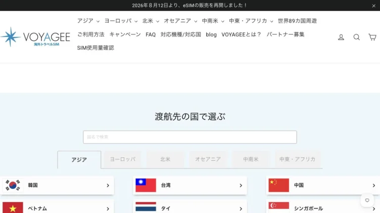 VOYAGEESIM公式サイトの公式トップページの画面