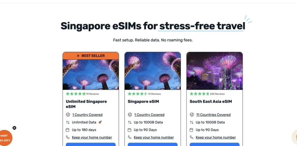 Simify公式サイトのSingapore eSIMsの画面