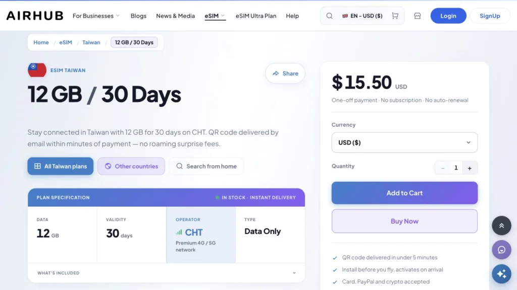 Airhub公式サイトのTaiwan 12 GB / 30 Daysの画面