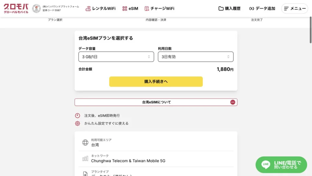 GMO eSIM(グロモバ)公式サイトの台湾eSIMの画面