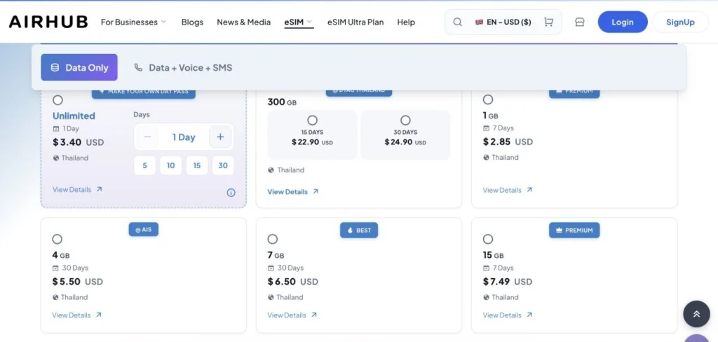 Airhub公式サイトのThailand eSIM Plansの画面
