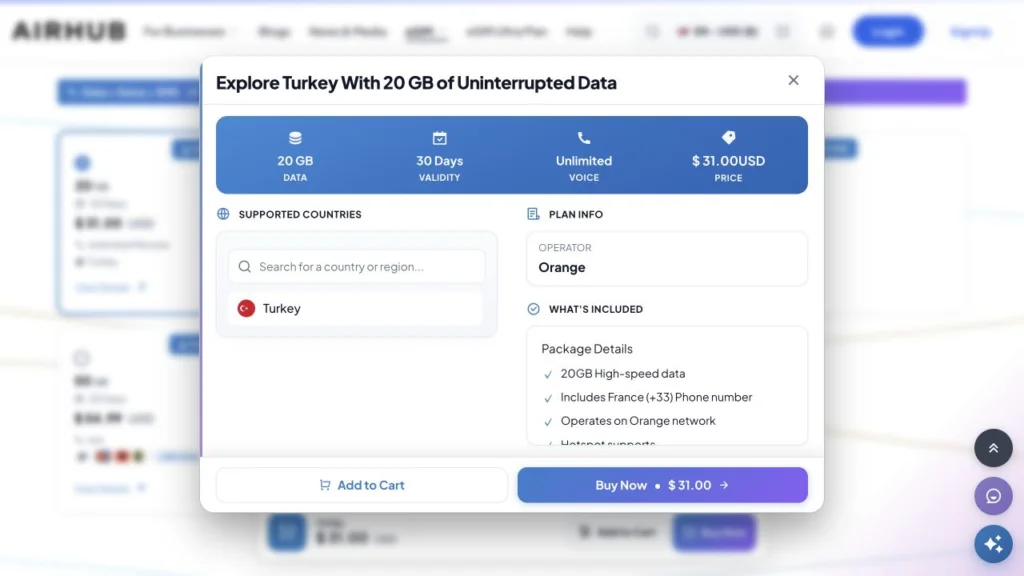Airhub公式の20GB・30日・フランス番号付き商品詳細の料金・商品条件の画面