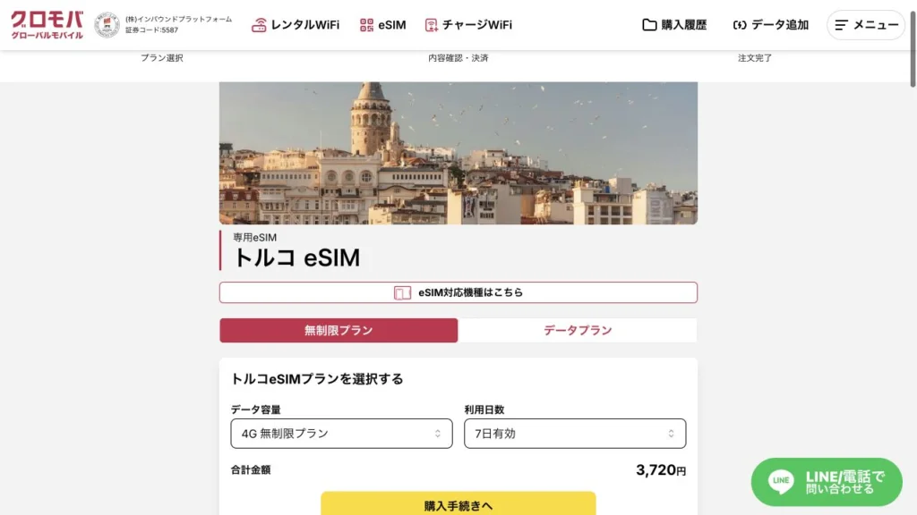 グロモバeSIM公式のトルコ eSIMの料金・商品条件の画面