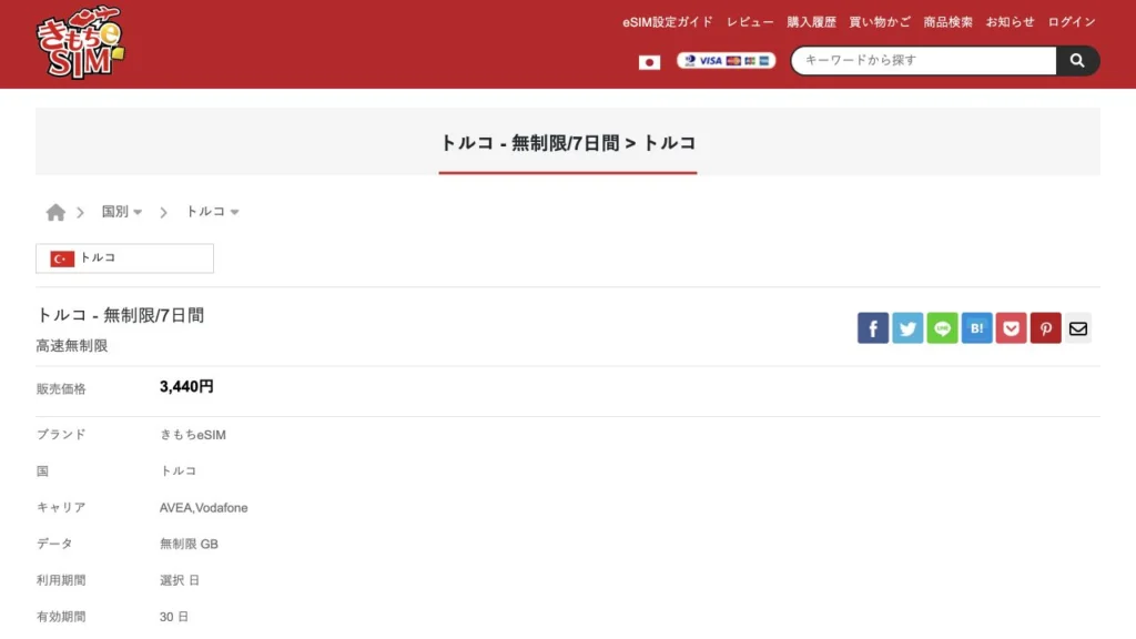 きもちeSIM公式のトルコ - 無制限/7日間の料金・商品条件の画面