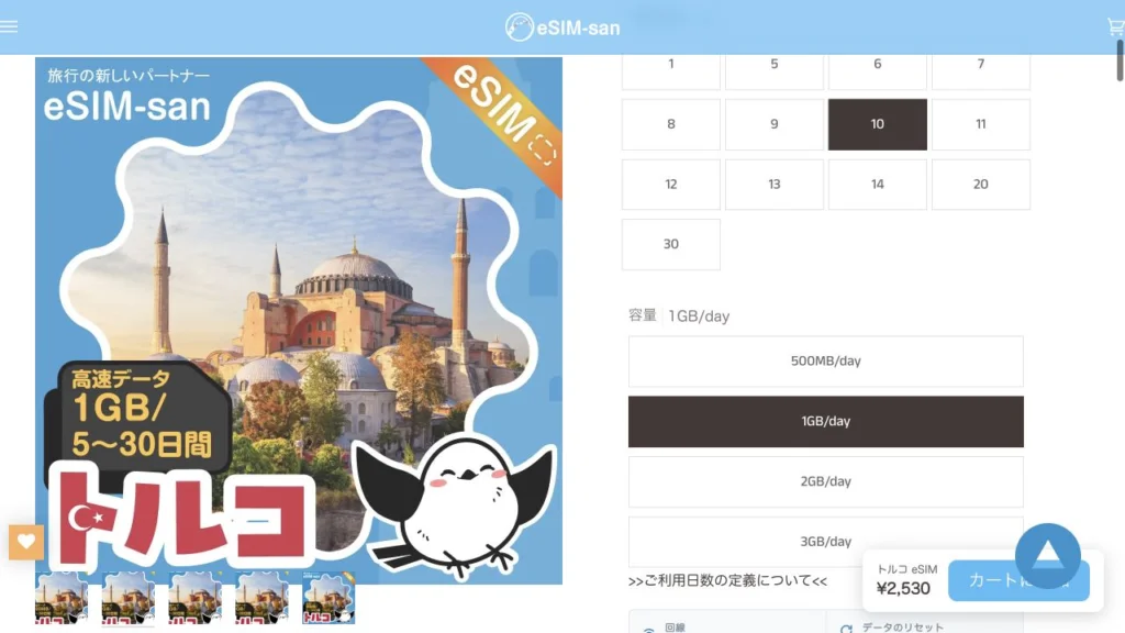 eSIM-san公式のトルコ eSIMの料金・商品条件の画面