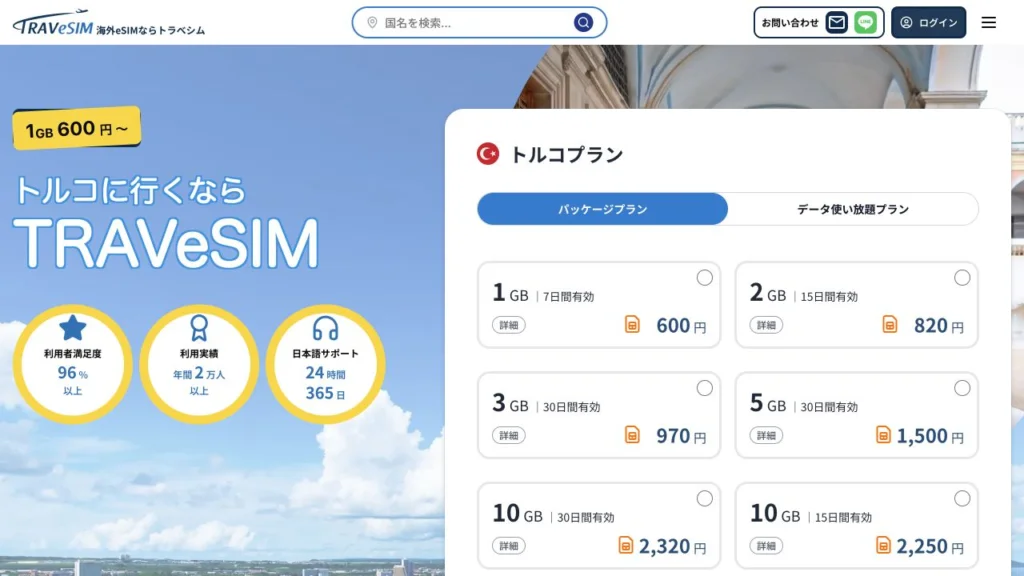 TRAVeSIM公式のトルコプランの料金・商品条件の画面
