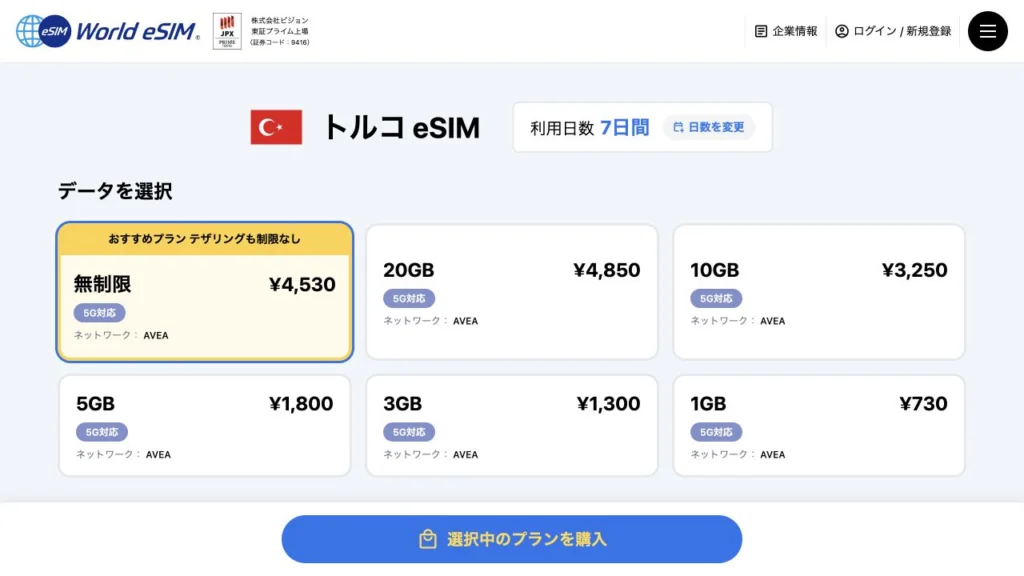 World eSIM公式のトルコ eSIMのプラン一覧の料金・商品条件の画面