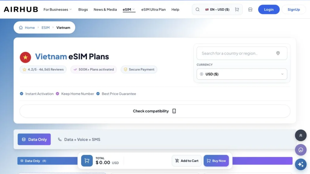 Airhub公式サイトのVietnam eSIM Plansの画面