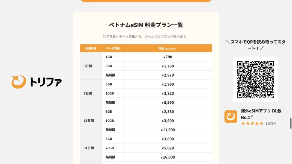 trifa公式サイトのベトナム向け・3日間の料金表の画面
