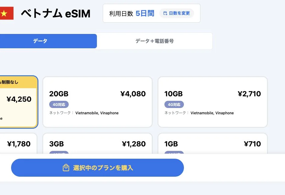 World eSIM公式サイトのベトナム用eSIMの画面