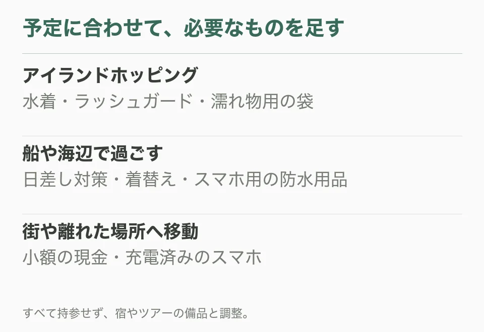 アイランドホッピング:水着・ラッシュガード・濡れ物用の袋。船や海辺で過ごす:日差し対策・着替え・スマホ用の防水用品。街や離れた場所へ移動:小額の現金・充電済みのスマホ