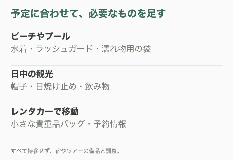 ビーチやプール：水着・ラッシュガード・濡れ物用の袋。日中の観光：帽子・日焼け止め・飲み物。レンタカーで移動：小さな貴重品バッグ・予約情報