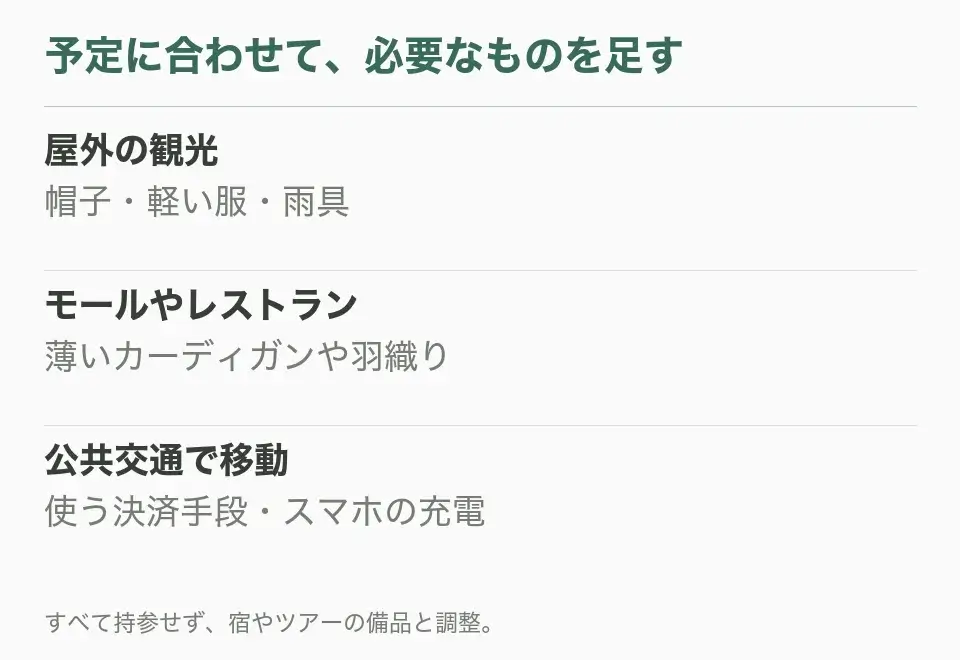 屋外の観光：帽子・軽い服・雨具。モールやレストラン：薄いカーディガンや羽織り。公共交通で移動：使う決済手段・スマホの充電