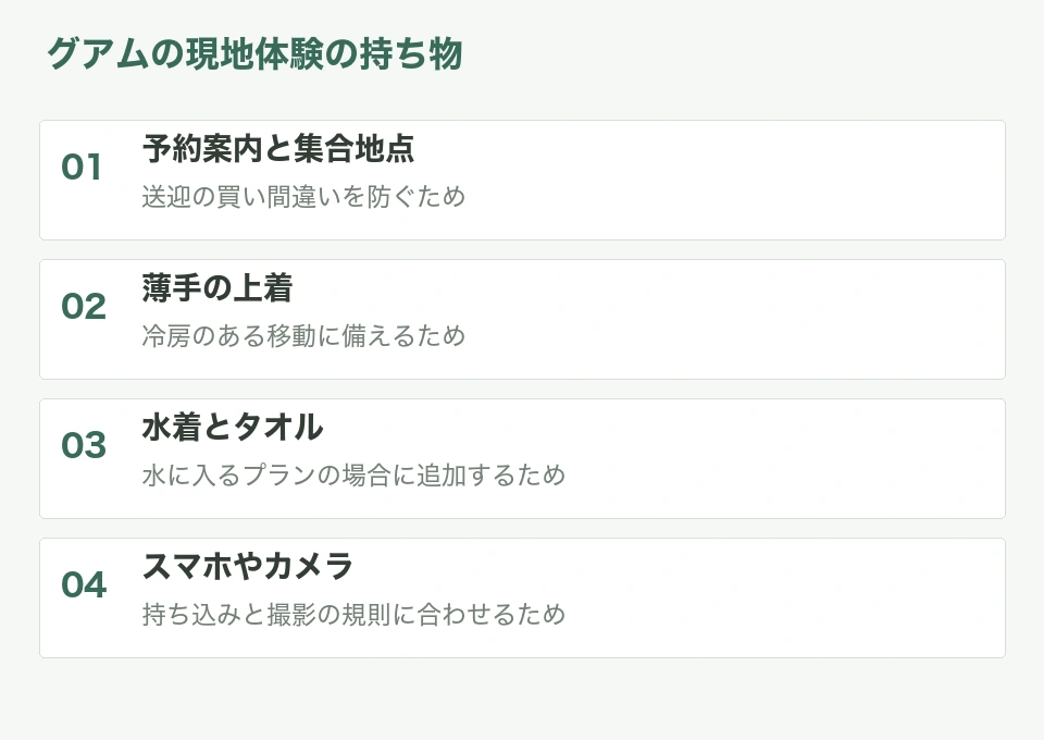 グアムの現地体験の持ち物と用途をまとめた整理図