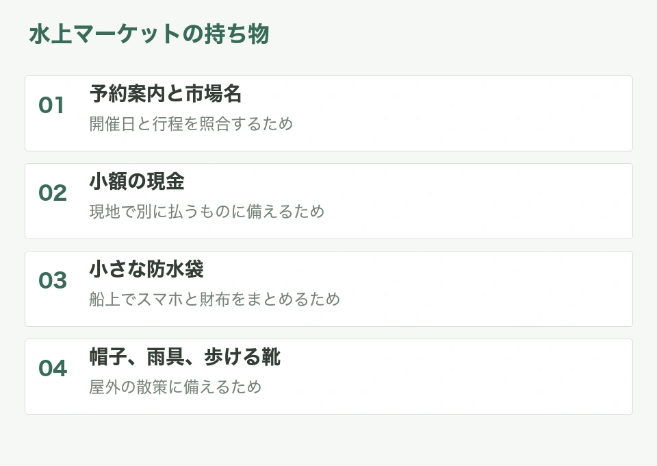 水上マーケットの持ち物と用途をまとめた整理図