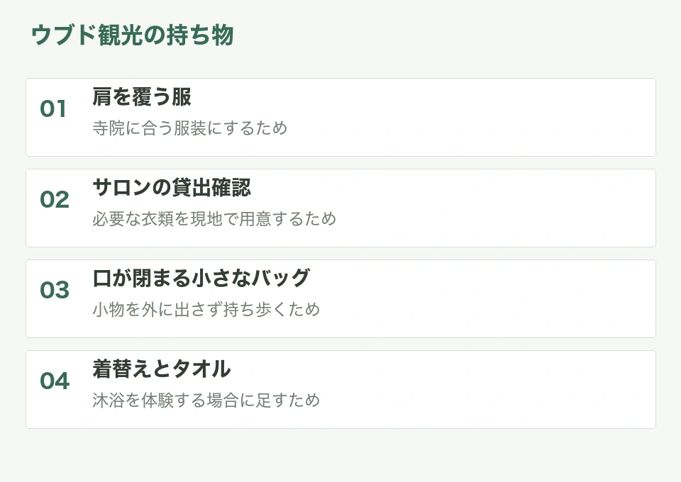 ウブド観光の持ち物と用途をまとめた整理図